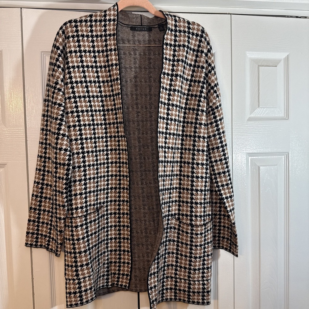 Cyrus Cardigan Houndstooth Size‎ Medium Unisex Jacket Black Brown White Rayon